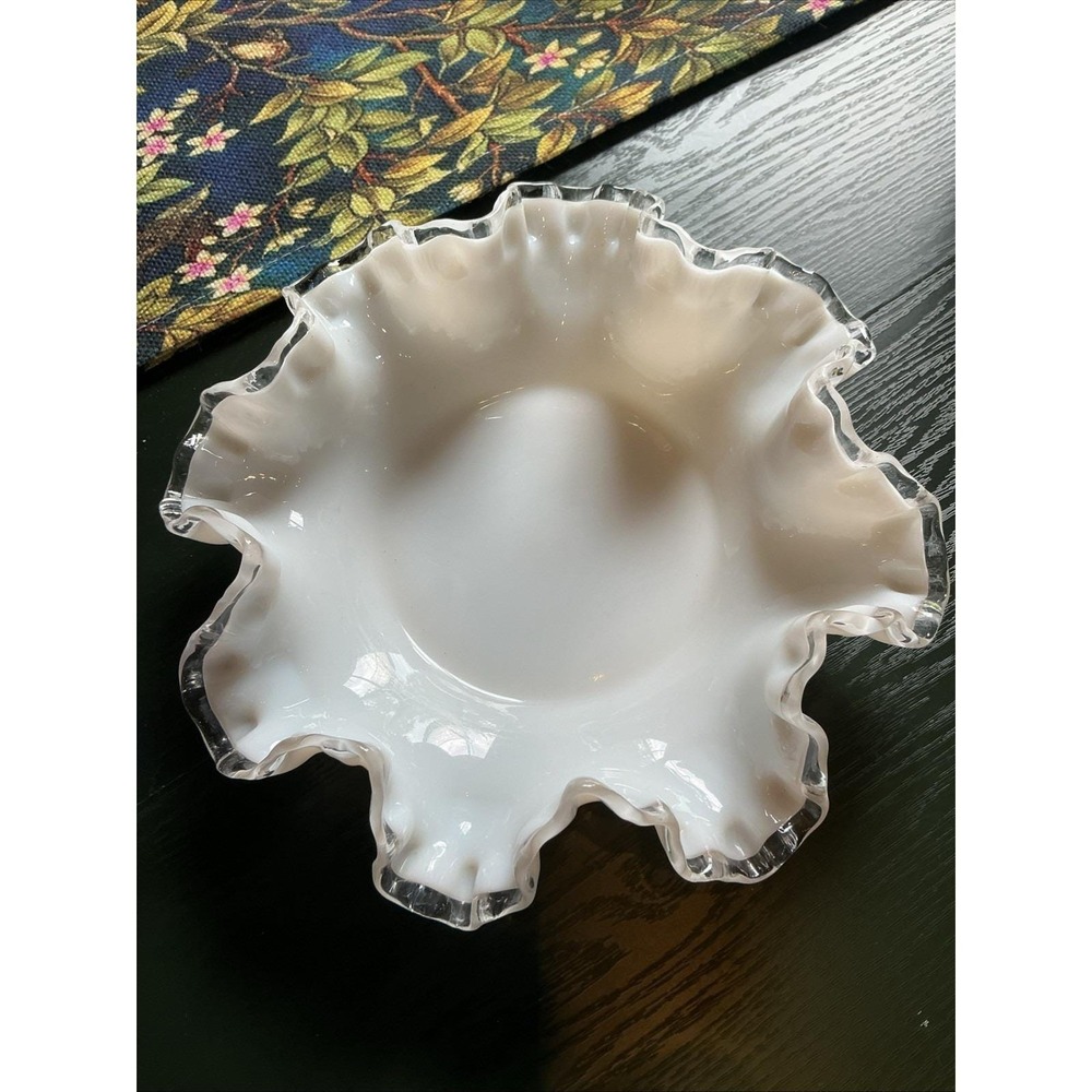 VTG 8" Fenton Silver Crest Bowl Bon Bon Dish White Glass Ruffled Edge